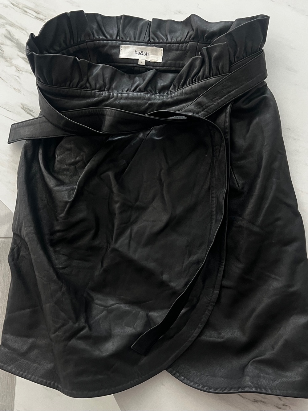 ba&sh Black Faux-Leather Paperbag-Waist A-Line Skirt with Tie